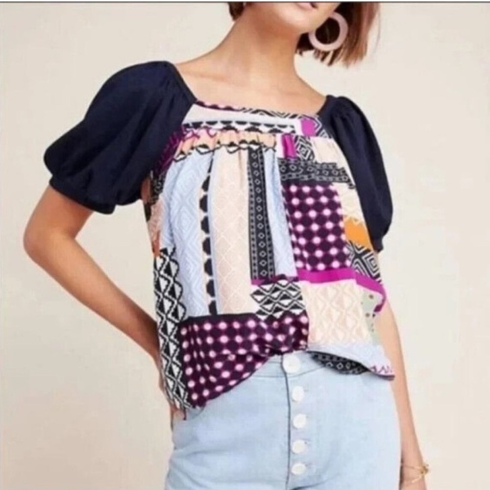 Maeve Multicolor Patchwork Puff Sleeve Top